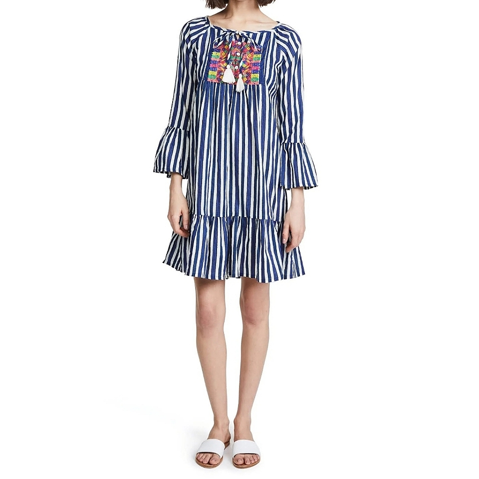 Roller Rabbit Maricruz Striped Embroidered Bell Sleeve Tent Mini Dress